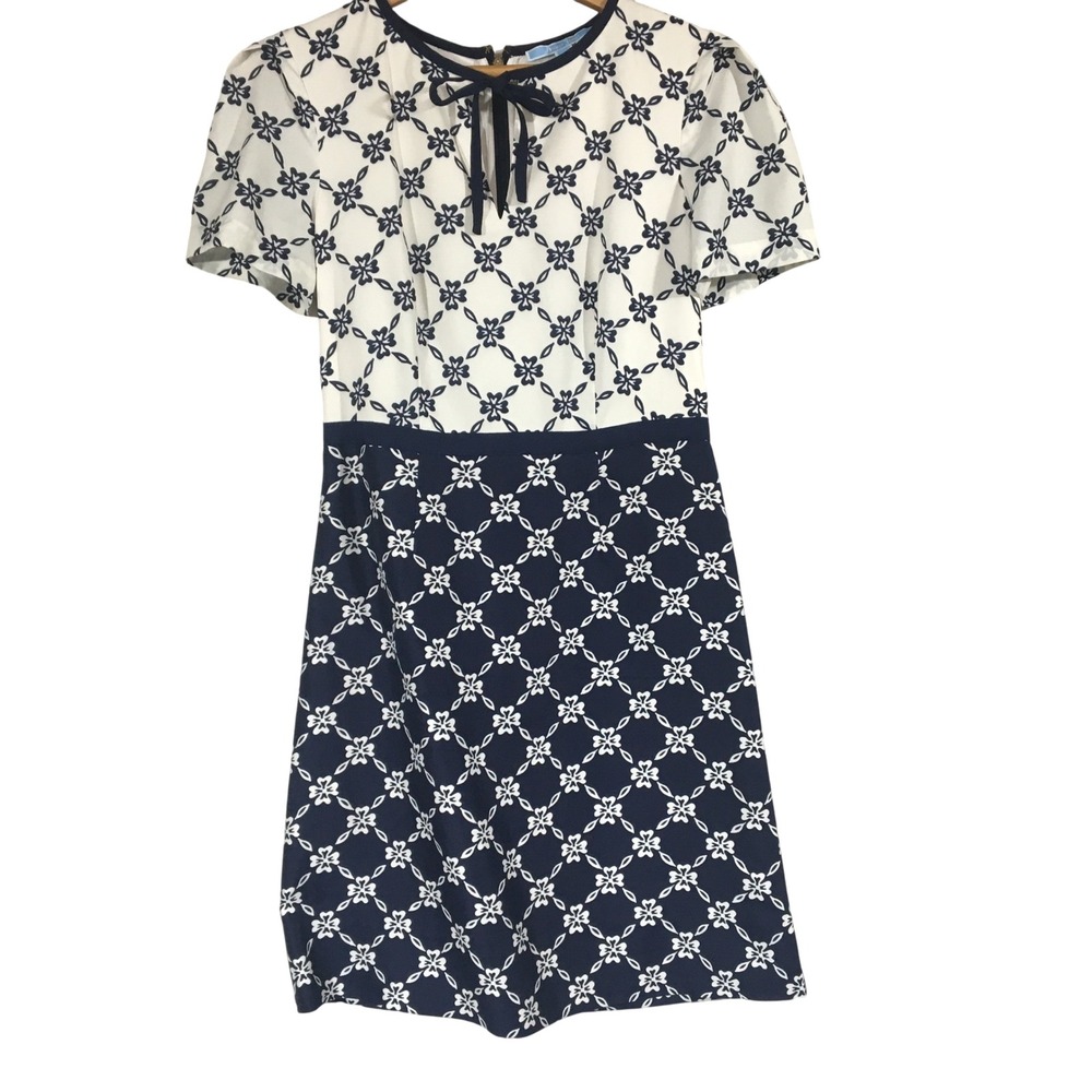 Draper James Celia Navy White Floral Lattice Dress Midi Tie Keyhole Neck‎ Size 2